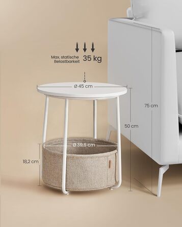 Круглий бічний столик VASAGLE, маленький столик, маленький журнальний столик, столик для вітальні, тканинний кошик, місце для зберігання у вітальні та спальні, сучасна тумбочка, матовий білий-верблюжий коричневий LET223W10 матовий білий верблюжий коричнев
