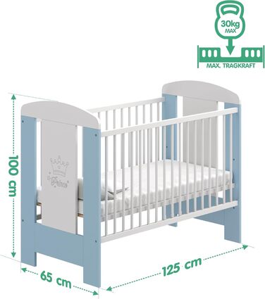 Дитяче ліжко LCP Kids 60x120 см біло-блакитне з матрацом, що регулюється по висоті в трьох напрямках, і 3 перекладинами 125L x 65W