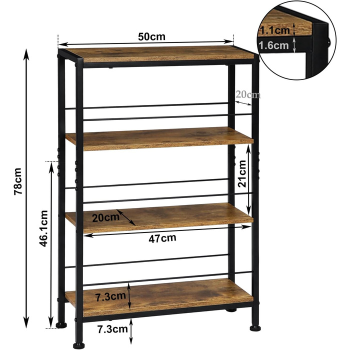 Полиця, Нішева полиця з 4 ярусами, Кухонна полиця для спецій, Вузька полиця-драбина, для кухні-вітальні, Дерево та метал, Вінтажний коричневий та чорний, 50x78x20 см, RGB52shm 50x20x78 Вінтажний коричневий чорний