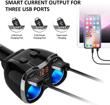 Автомобільний зарядний пристрій прикурювач розподільник адаптер розгалужувач тип C автомобільний зарядний пристрій 2 відділення ро