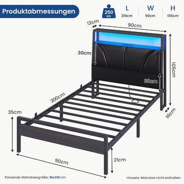 Ліжко 90x200 см з металевою рейковою основою, каркас ліжка 90x200 см зі світлодіодним підсвічуванням, дитяче ліжко 90x200 см з узголів&39ям та зарядною станцією (2 розетки змінного струму, 2 порти USB), металеве односпальне ліжко, чорне, 90x200 см