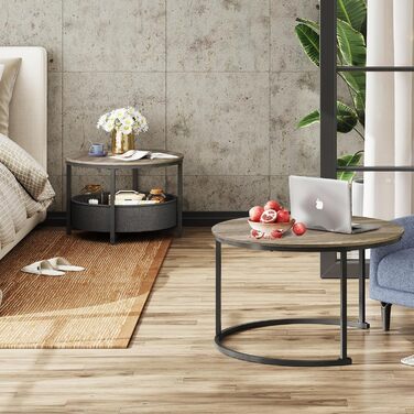 Набір з 2 круглих журнальних столиків WLIVE, сучасний круглий стіл для вітальні, бічний столик з тканинним кошиком, діаметр 80 см, журнальний столик для спальні, домашнього офісу (сірий дуб)