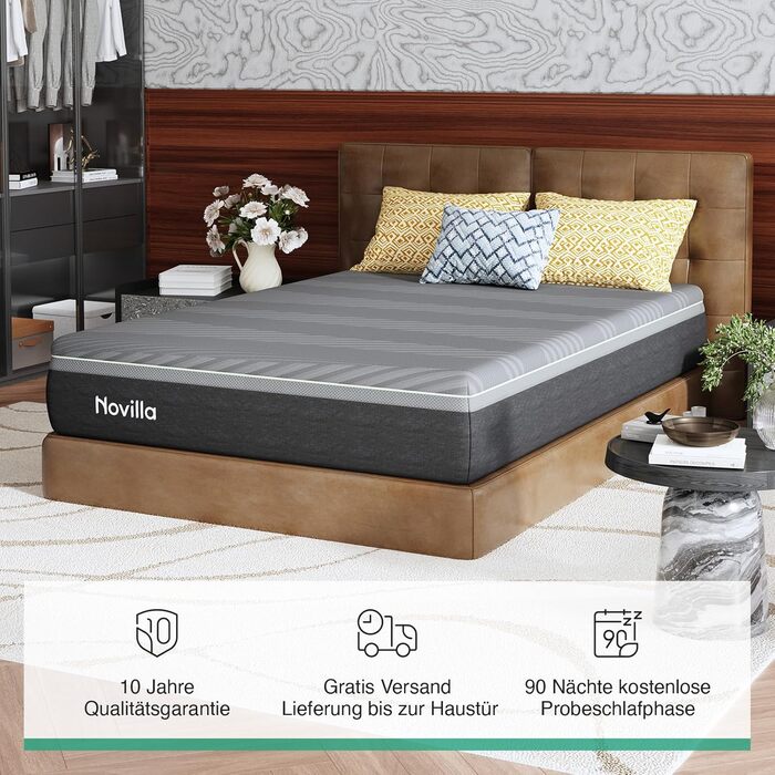 Матрац Novilla Coolmax 140x200 см 7-зонний матрац з холодної піни з гелем та зеленим чаєм, з охолоджувальною тканиною, H3 та H4 середньої жорсткості, висота 30 см, сертифікований Oeko-Tex, дихаючий чохол, який можна прати, 140 x 200 см 30 см