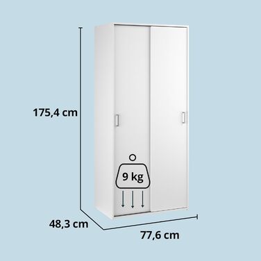 Шафа KHG, біла, 2-дверна шафа з розсувними дверима та 1 рейкою для одягу, 2 полицями, штанговими ручками, позачасова шафа з розсувними дверима, 2-дверна