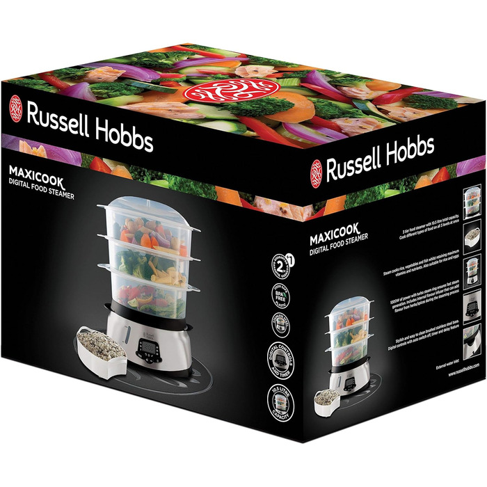 Пароварка Russell Hobbs велика 10,5 л (цифровий дисплей програмований таймер, 3 контейнери для пароварки, які можна мити в посудомийній машині миска для рису / рисоварка 8 тримачів для яєць / яйцеварка, без BPA) 23560-56