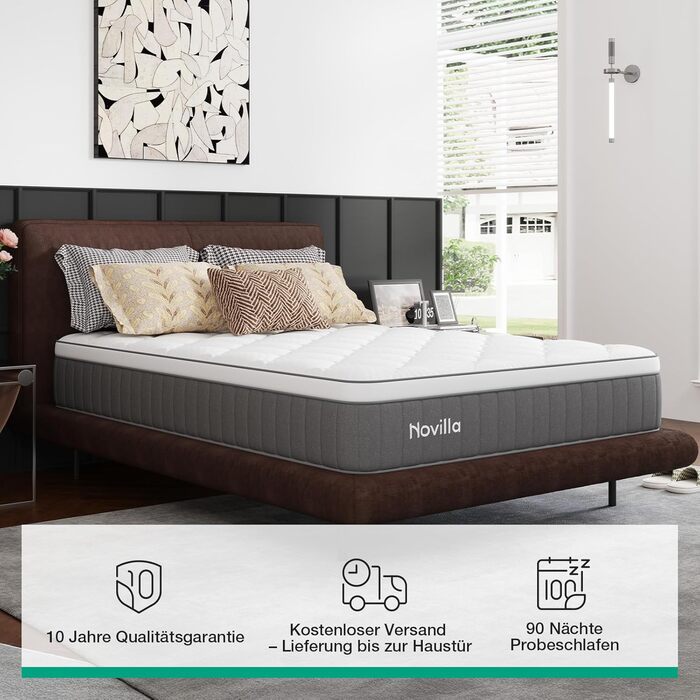 Матрац Novilla 160x200 см, висота 25 см, рівень жорсткості H4, охолоджувальний та дихаючий 7-зонний матрац із холодної піни, матрац із піни з ефектом пам&39яті та комфортної піни, що згортається в рулон, сертифікований Oeko-TEX, дихаючий чохол, білий та с