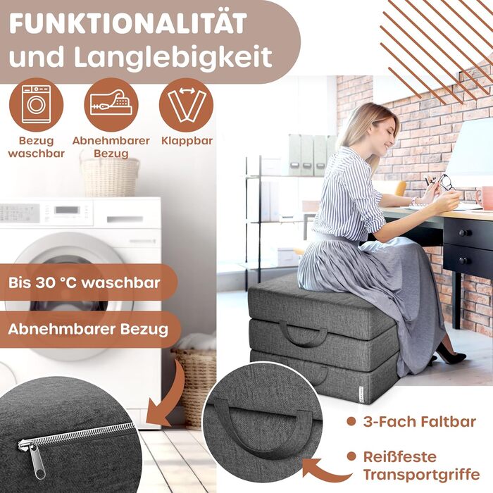 Розкладний матрац KESSER 75 x 195 x 15 см Гостьовий матрац, що складається в 3 сторони, у вигляді пуфа для ніг Розкладний матрац з пінопласту 25 кг/м Надзвичайно товстий 15 см Дихаючий Знімний чохол, що прається, включаючи сумку для перенесення в кемпінгу