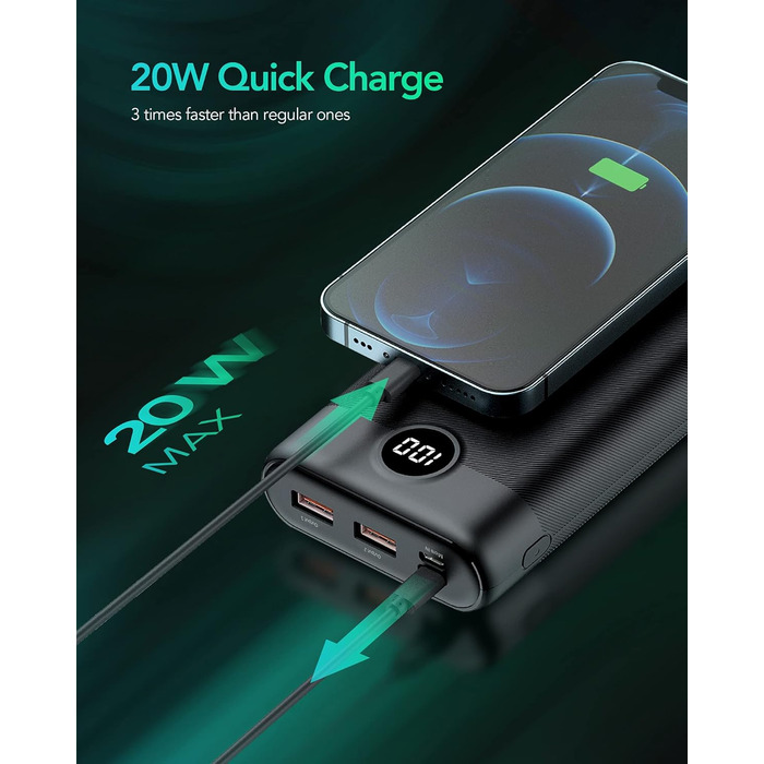 30000mAh, 20W Power Bank Large Capacity with 3 Outputs, USB C Input & Output External Cell Phone Batteries PD QC 3.0 Compatible with iPhone 16 15 14 13 12 11 Plus Pro Max iPad Samsung Tablet, 30000mAh, 20W Power Bank Large Capacity with 3 Outputs, USB C I