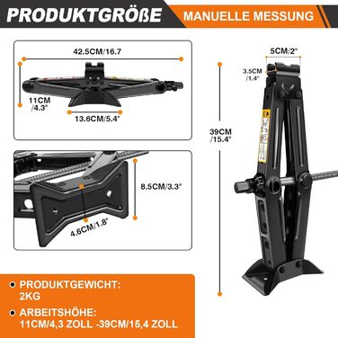 Домкрат з храповим ключем, домкрат ножичний для легкового автомобіля та позашляховика - 2 тонни Комплект автомобільного підйомника-Домкрат-ножиці Портативний, ідеально підходить для обслуговування та ремонту, діапазон ходу від 105 до 385 мм