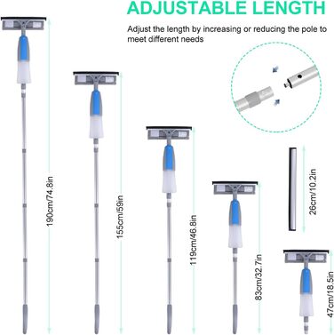 Віконний ракель Jubor 3-в-1 з функцією розпилення, мийник вікон 190 см з телескопічною ручкою, склоочисник з розпилювачем, інструменти для миття скла для внутрішніх і зовнішніх високих вікон