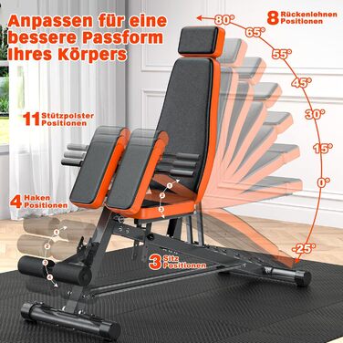 Регульована похила лава XDDIAS 4-в-1, тренажер для розгинання спини великого розміру, лава для присідань з опорною подушкою, 8-рівнева лава для тренувань спини для горизонтального, похилого та вертикального положень, до 450 кг, помаранчевий колір