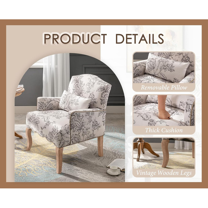 Вінтажне крісло з підлокітниками, м&39яке крісло з дерев&39яними ніжками та квітковим візерунком, одномісний диван, акцентне крісло з подушками для вітальні/спальні, бежевий
