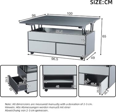 Журнальний столик Merax, стіл для вітальні з регульованою висотою, багатофункціональний журнальний столик 3-в-1 з прихованим місцем для зберігання, шухлядами та коліщатками, що трансформується в обідній стіл, диван-стіл для домашнього офісу, сіро-білий 10