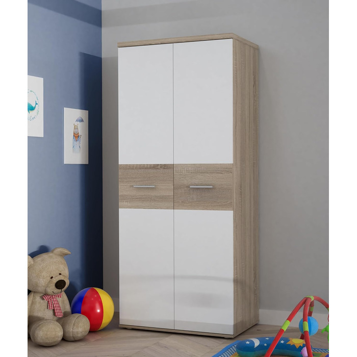 Гардероб Forte WINNIE 80, сучасна шафа, дитяча шафа, спальня, скандинавський стиль, 2-дверна, декор дуба сонома/білий, 80 см завширшки x 189 см заввишки x 53 см завглибшки