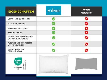 Пухова подушка ZOLLNER, 85 пір&39я, 15 пух, 40x60 см, біла 40 x 60 см