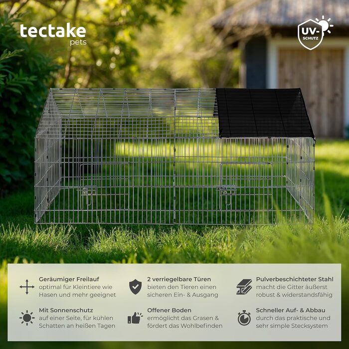 Вуличний вольєр для кроликів tectake, клітка для кроликів, клітка для морських свинок, манеж із захистом від сонця, клітка для кроликів, огорожа, що вставляється в розетку, клітка для дрібних тварин, вольєр для морських свинок, 180 x 75 x 75 см - чорний