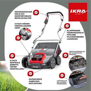 В-1 Аератор-Вертикуттер-Скарифікатор 36В IB-SR 36, мішок для збору трави 45л, ширина захвату 36см, без акумулятора та зарядного пристрою, сумісний з Bosch, 3-