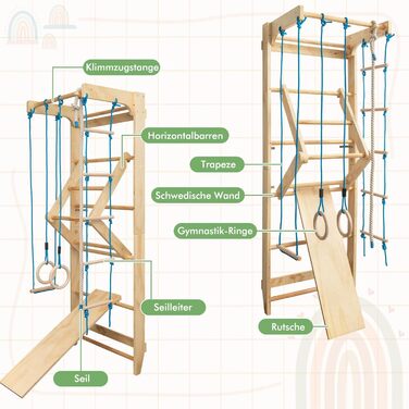 Скалодром COSTWAY, для дітей та дорослих, дерев&39яна гімнастична стінка, лазілка для приміщень, вкл. турнік/кільця/трапецію/мотузкові сходи/канат, вантажопідйомність до 100 кг, 220 x 80 x 60 см