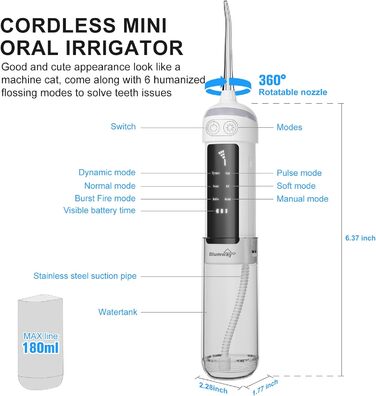 Акумуляторний електричний іригатор для порожнини рота BlumWay, водяний флоссер з 6 режимами та 4 насадками, зарядка від USB Іригатор для порожнини рота Waterflosser IPX7 Водонепроникний очищувач зубів для дому, подорожей, офісу