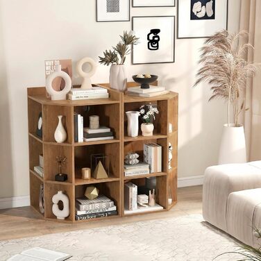 Кутова книжкова полиця COSTWAY із 3-рівневою зарядною станцією, кутова полиця з 9 відділеннями, 2 USB-портами та 4 розетками, полиця для зберігання речей для спальні, вітальні (натуральний колір)