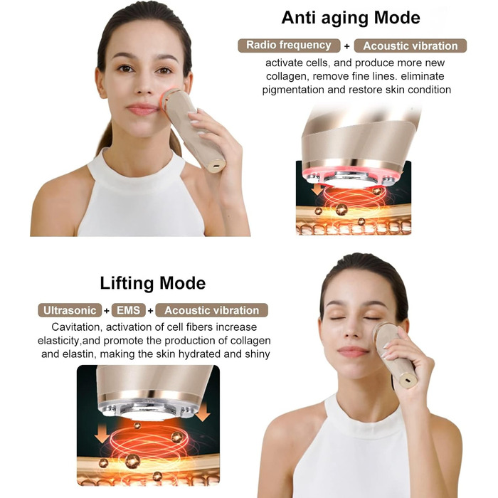 Радіочастотний та ультразвуковий пристрій для обличчя, 5 в 1 масажер для обличчя для видалення зморшок RF EMS світлотерапія, для підтяжки обличчя масаж проти зморшок проти старіння, перезаряджається від USB