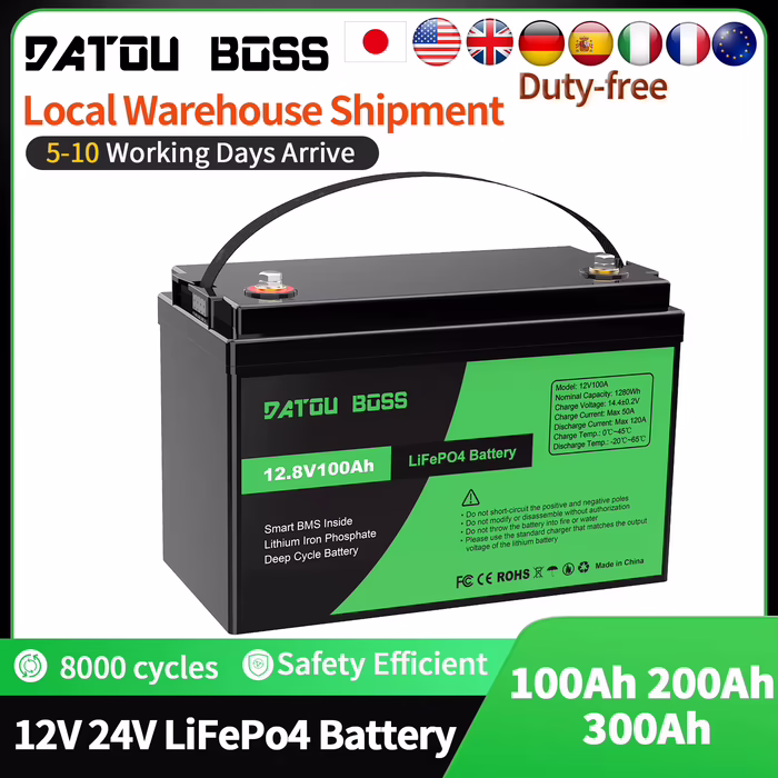 DATOUBOSS LiFePO4 12V Battery with BMS 8000Cycles, 100A 200A 300A, for Inverter, Motorhome, Solar System, Boat, Household, Solar