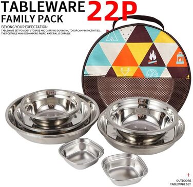 Набір посуду для кемпінгу на 22 частини, портативний похідний набір, полірований посуд з нержавіючої сталі, столові прибори для туризму та походів