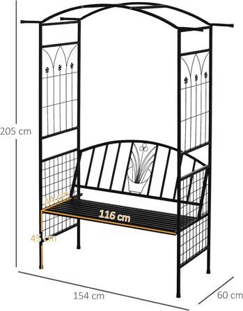 Аутсонячна посадкова арка з лавкою Лавка Арка Решітка Садова арочна покрівля металева Чорна 154 х 60 х 205 см