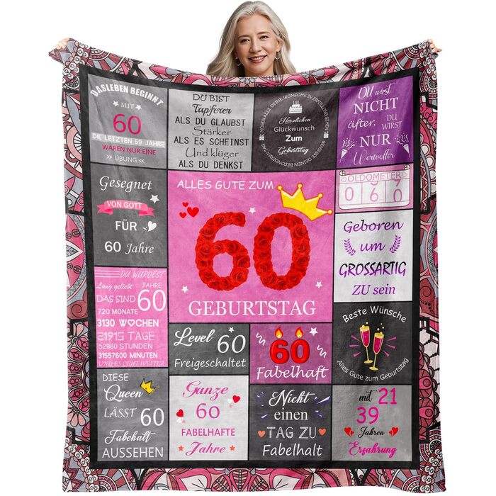 Подарунків для жінок плед, пухнастий плед, подарунок на 60-річчя жінки, подарунок на день народження сестри, дівчини, доньки, матері, дружини, найкращої подруги, подарунок на День матері, 150x130 см, 60-річчя, 60