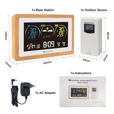 Бездротова метеостанція KETOTEK з зовнішнім датчиком, гігрометром, кімнатним термометром, цифровим DCF радіо-годинником, кімнатним термометром з прогнозом погоди, будильником, регульованим постійним підсвічуванням