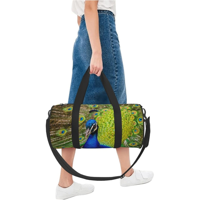 Спортивна сумка, дорожня сумка, стильний принт павича, сумка для подорожей та на ніч, чорна, універсальний розмір