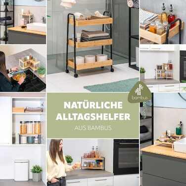 Кутова полиця для спецій eluno з бамбуковими полицями та захистом від подряпин, окремостояча кутова полиця для кухні, універсальний органайзер для більшого простору та порядку - комбінація матеріалів бамбук та метал (чорний)