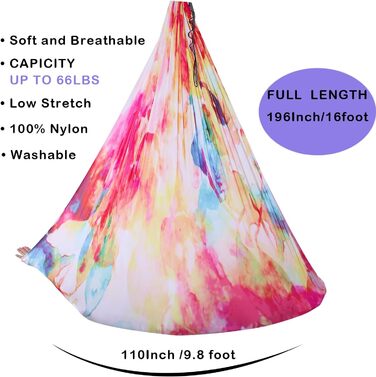Комплект для йоги F.Life Aerial Yoga Hammock - Йога-гойдалка різнокольорова, 5 ярдів - Літаюча йога, включає ланцюжок з ромашок, карабін та посібник з поз, Bunte Wolken