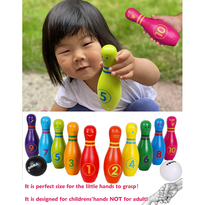 Дерев&39яна іграшка для боулінгу для дітей - Великий набір для боулінгу для дітей з обличчями та цифрами - Набір для боулінгу з 10 кеглями та 2 дерев&39яними кулями для боулінгу - Дерев&39яна іграшка для 2-річних малюків