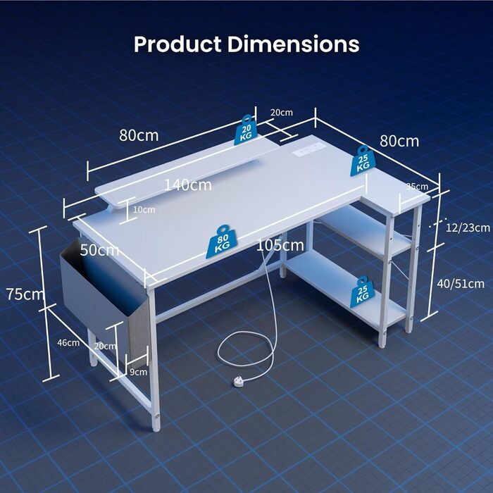Г-подібний ігровий стіл зі світлодіодним підсвічуванням та розетками, 140 x 80 см, кутовий комп&39ютерний стіл з сумкою для зберігання, регульованими полицями та великою підставкою для монітора, для домашнього офісу, білий колір 140 x 80 см