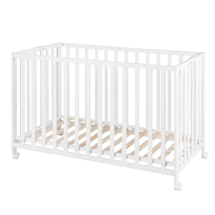 Розкладне ліжко roba Fold Up 60 x 120 - Складане дерев&39яне дитяче ліжечко - Регульоване у 2 напрямках - Ліжечко на колесах, що економить місце - Біле