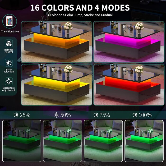 Журнальний столик з регульованою висотою, глянцевий стіл для вітальні з підйомною стільницею, сучасний диванний столик з 16-кольоровим світлодіодним підсвічуванням та 2 шухлядами