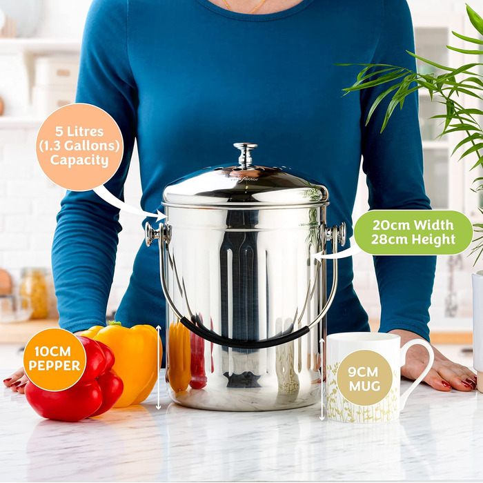 Преміум контейнер для компосту для кухні з нержавіючої сталі Без запаху - Контейнер для органічних відходів - У комплекті з безкош