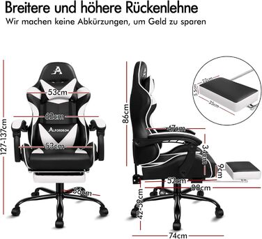 Ігрове масажне крісло ALFORDSON, нахил 150, ергономічне крісло для керівника, шкіра синтетична з підставкою для ніг, регулювання висоти, спортивне крісло, вантажопідйомність 180 кг, білий Vogler - серія White Vogler