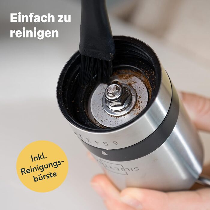 Кавомолка SILBERTHAL Ручна конічна кавомолка - Регульований ступінь помелу - Ручна кавомолка з нержавіючої сталі та скла - Змінне