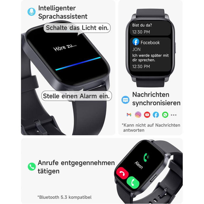 Розумний годинник TOOBUR з функцією телефону, сумісний з Alexa, фітнес-годинник зі 100 видами спорту, серцевий ритм, сон, фітнес-трекер для чоловіків та жінок, водонепроникний IP68, сумісний з Android та iOS, темно-чорний