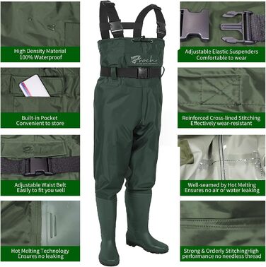 Вейдерси Croch для чоловіків та жінок, рибальські штани, водонепроникні ПВХ-нейлонові з гумовими вейдерсами, розміри 38-47, ідеальні вейдерси та рибальські штани, зелені, розмір 47