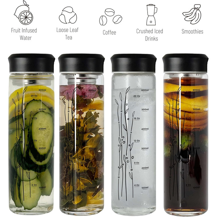 Скляна пляшка для пиття об&39ємом 650 мл з чорною кришкою з нержавіючої сталі та рукавом для розсипного чаю, пляшка для чаю з заварювальним контейнером на винос