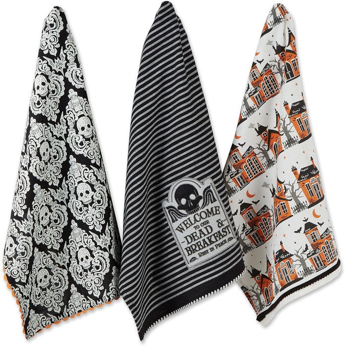 Колекція чайних рушників DII Happy Halloween, оздоблена бавовна, набір кухонних рушників, 45,7 х 71,1 см, дамаск з черепом/будинок