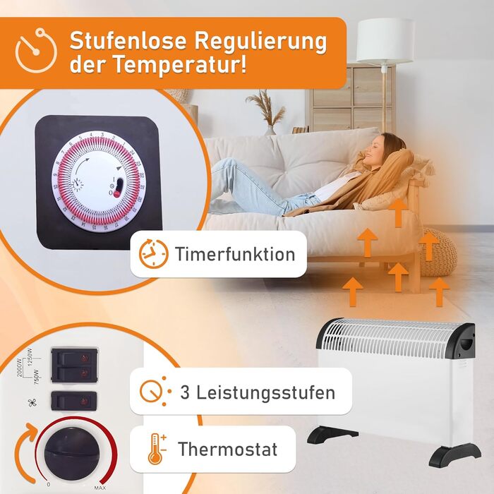 Електричний обігрівач LEMODO 2000 Вт Портативний конвекторний обігрівач з 3 рівнями потужності (750 Вт/1250 Вт/2000 Вт) Енергозберігаючий електричний обігрівач Безгазовий та безмасляний опалювальний пристрій Портативний електричний радіатор з таймером та 