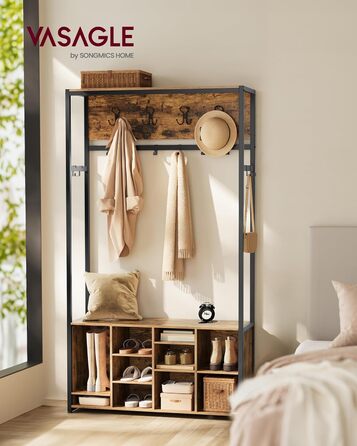 Вішалка для одягу, Шафа, Меблі для передпокою з полицею для взуття, Відкриті відділення, Гачки для одягу, Регульовані полиці, Індустріальний стиль, для передпокою, вхідної зони, Вінтажний коричневий-чорний HSR432K01 Вінтажний коричневий чорнильний