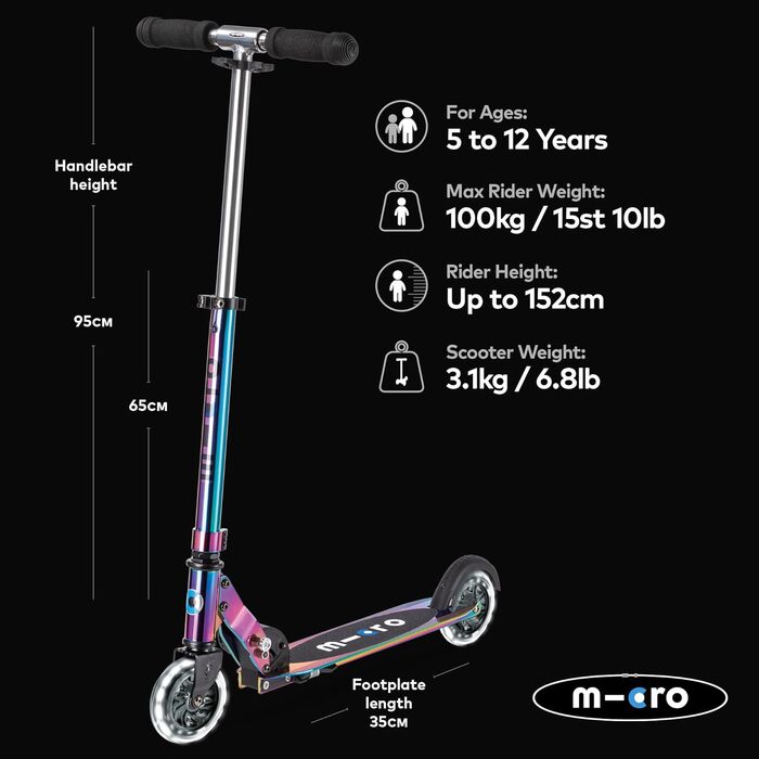 Дитячий самокат MICRO Sprite LED міський самокат зі світлодіодними колесами складне та регульоване по висоті кермо від 5 років. Са