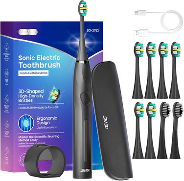 Електрична зубна щітка, Seago Electric Toothbrush with Pressure Sensor, 40000 VPM 8 Soft Brush Heads 5 Modes, Sonic Toothbrush with Toothbrush Holder, Travel Case, for Adults, SG-2752 (чорний)