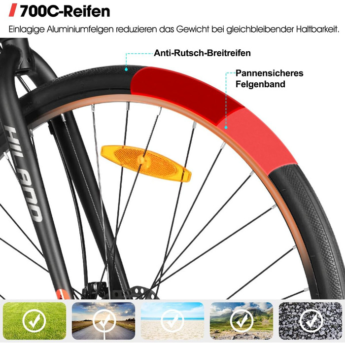 Шосейний велосипед Hiland 700C для чоловіків та жінок, алюмінієва рама, 7-швидкісний шосейний велосипед з подвійними дисковими гальмами, розмір рами 530 мм/570 мм, велосипед для щоденних поїздок 28 дюймів, чорний/червоний/сріблястий, чорний L - 570 мм