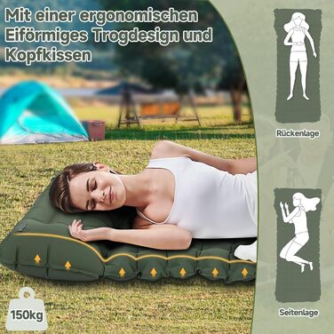 Килимок для сну HAUSPROFI, надлегкий надувний матрац для кемпінгу з ножним насосом та подушкою, надувний матрац, компактний та легкий, килимок для кемпінгу для походів, пляжу, використання на свіжому повітрі, армійський зелений